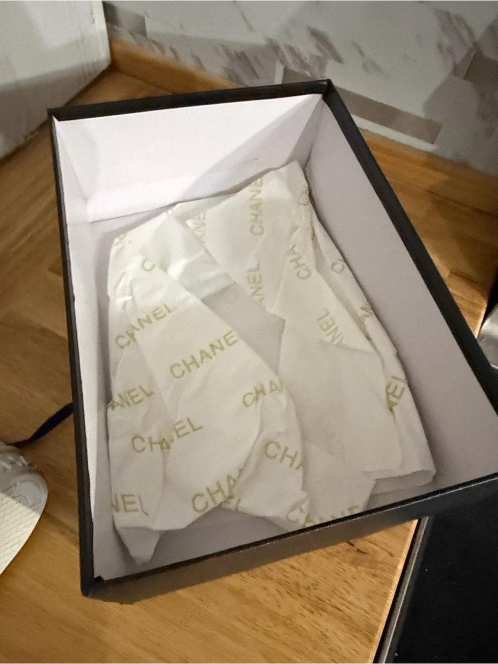 CHANEL White Kids Sneakers with Red and Navy Graphic Accents